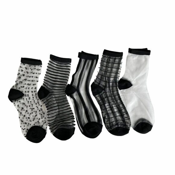⭐Women Socks 5 Pairs Transparent Silk Elastic Mesh Multi design Ankle Black New - Picture 2 of 9